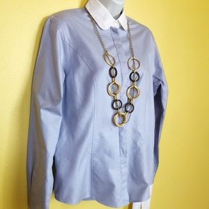 TM Lewin Blue + White Collared Button Down Blouse